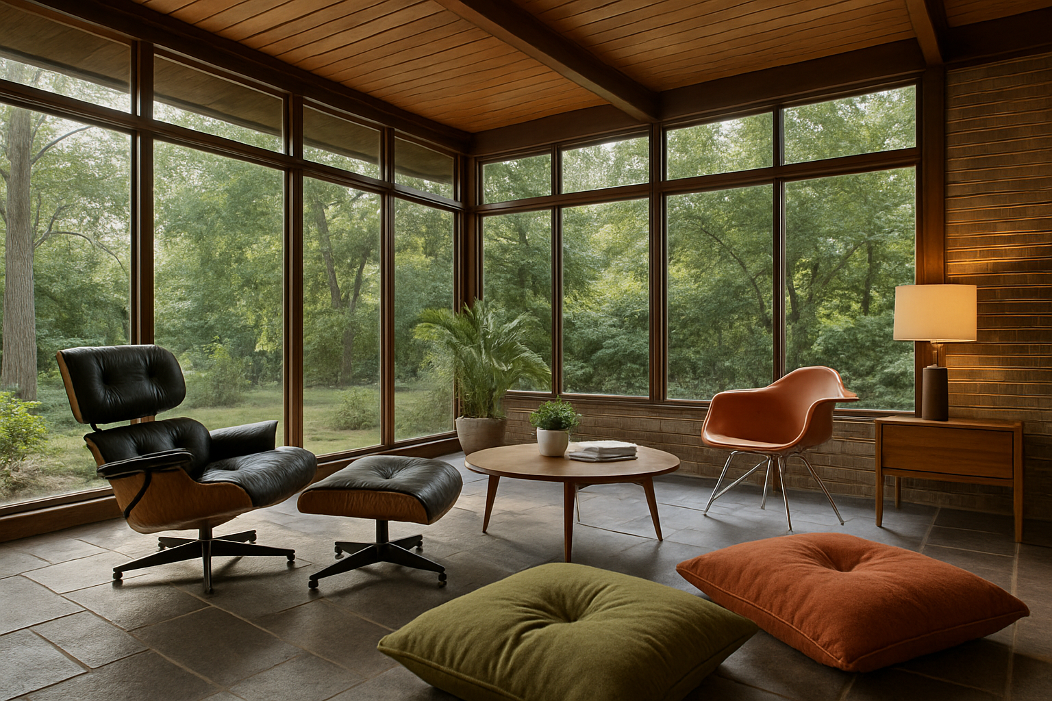 Mid-century modern sunroom with Eames-style furniture and large floor cushions, realistic, highly detailed, 4K, high quality, realistic photography